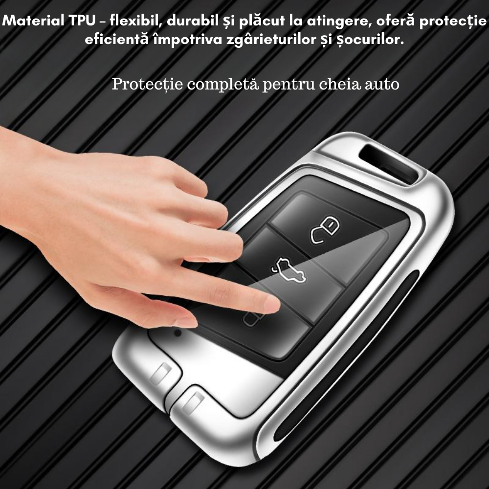 Husa cheie auto premium dedicata VW/Skoda/Seat 2012+ din aliaj si piele naturala – set complet, protecție elegantă & cutie cadou