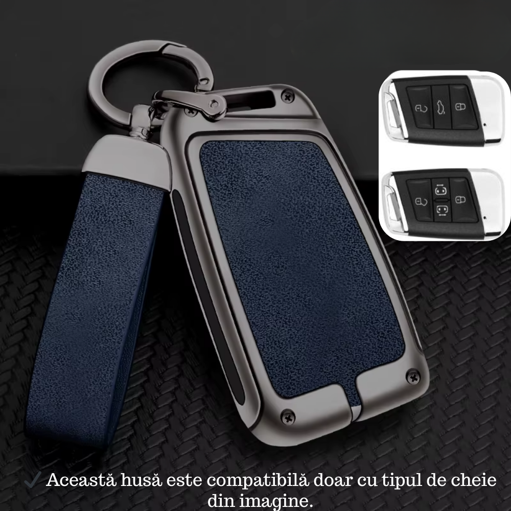 Husa cheie auto premium dedicata VW/Skoda/Seat 2012+ din aliaj si piele naturala – set complet, protecție elegantă & cutie cadou