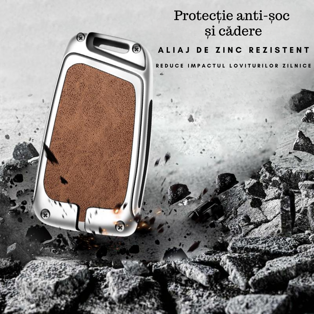 Husa cheie auto premium dedicata VW/Skoda/Seat 2012+ din aliaj si piele naturala – set complet, protecție elegantă & cutie cadou