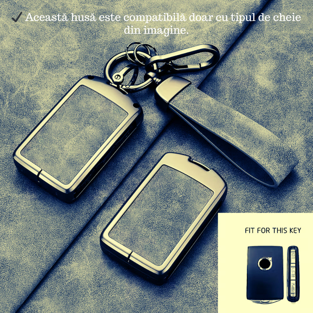 Husa cheie auto premium dedicata Volvo XC90, XC60, XC40, S60, S90, V90, V60 din aliaj si piele naturala – set complet, protecție elegantă & cutie cadou