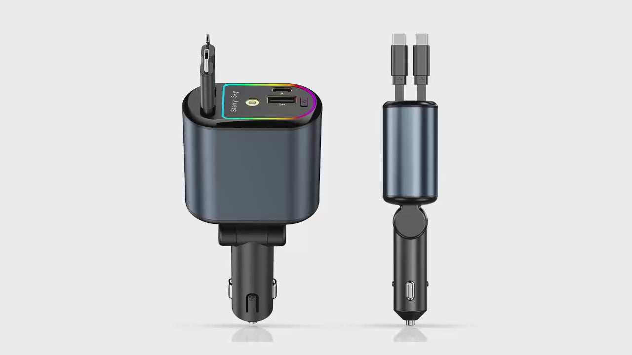 Încărcător Auto 5-în-1 cu Cablu Retractabil, Încărcare Rapidă & Proiecție Starlight